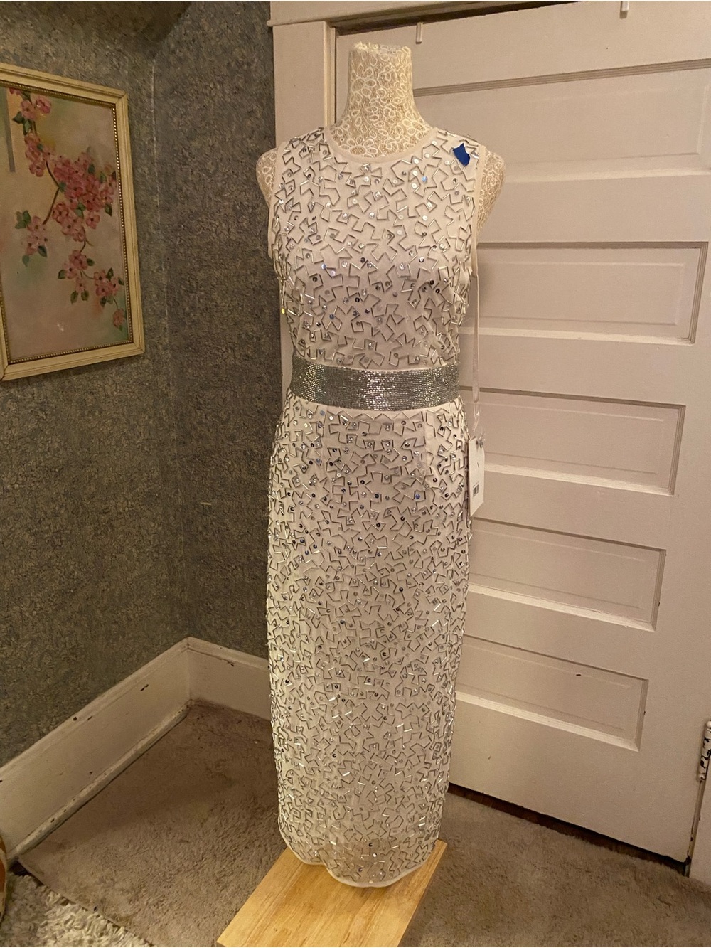 NWT FLAWED Mac Duggal Beaded Sleeveless Gown Sz 2 Cream Silver 93758 READ